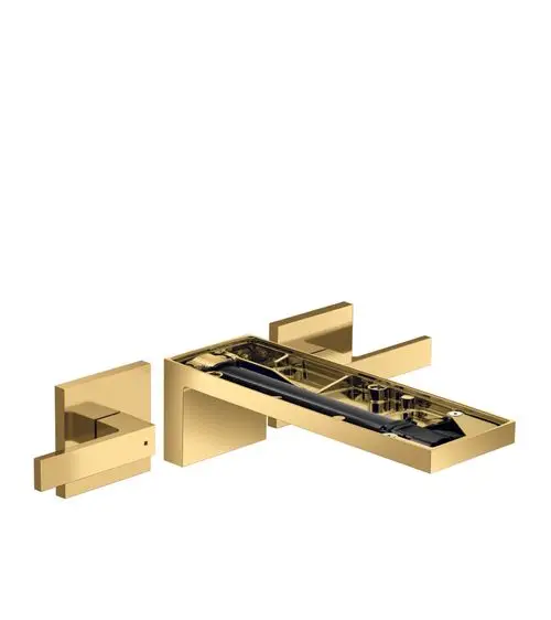 Waschtischarmatur von AXOR in Polished Gold Optic, bestehend aus einem Auslauf und zwei Bedienelementen zur Wandmontage, zeigt ein schlichtes, funktionales Design.